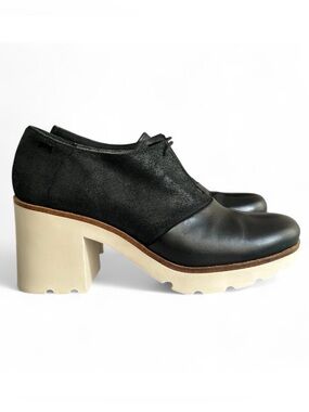 Camper Black Leather & Cream Platform Block Heel Shoes